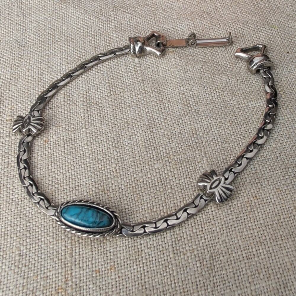Vintage Goldette Bracelet Turquoise Color Cabochon Ornate Silver Tone Chain